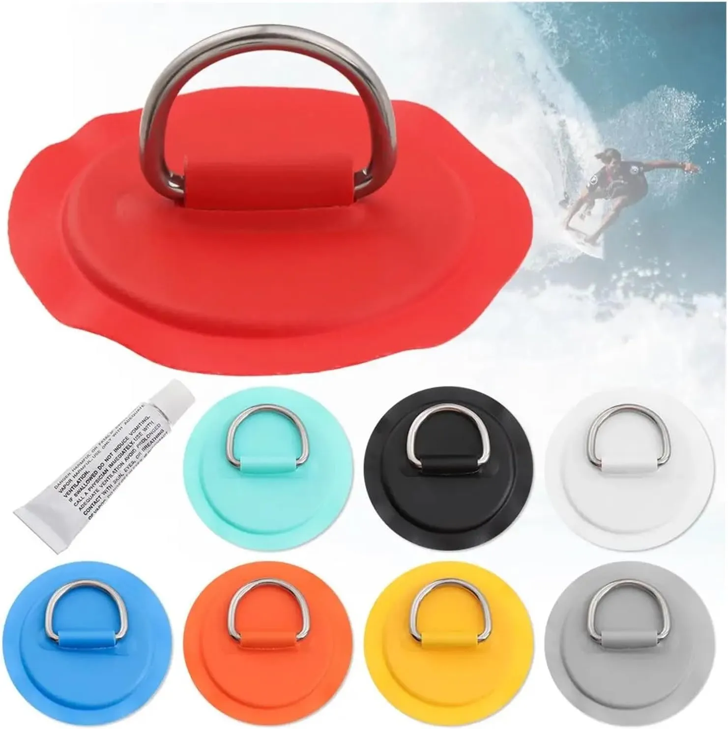 1/4Pcs Surfboard Dinghy Boat PVC Patch with Stainless Steel D Ring Deck Rigging Sup Round Ring Pad 5M Bungee Rope Kit Accessorie