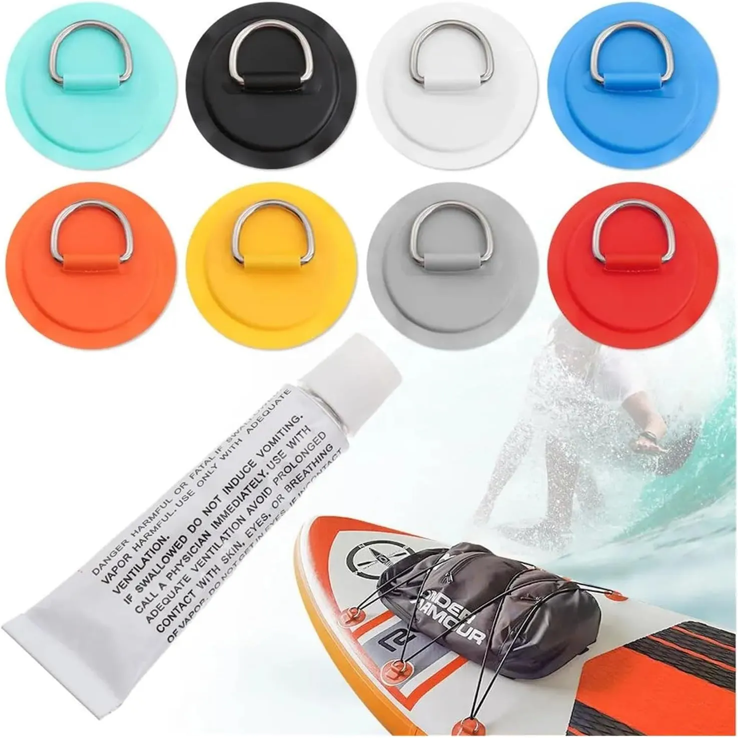1/4Pcs Surfboard Dinghy Boat PVC Patch with Stainless Steel D Ring Deck Rigging Sup Round Ring Pad 5M Bungee Rope Kit Accessorie