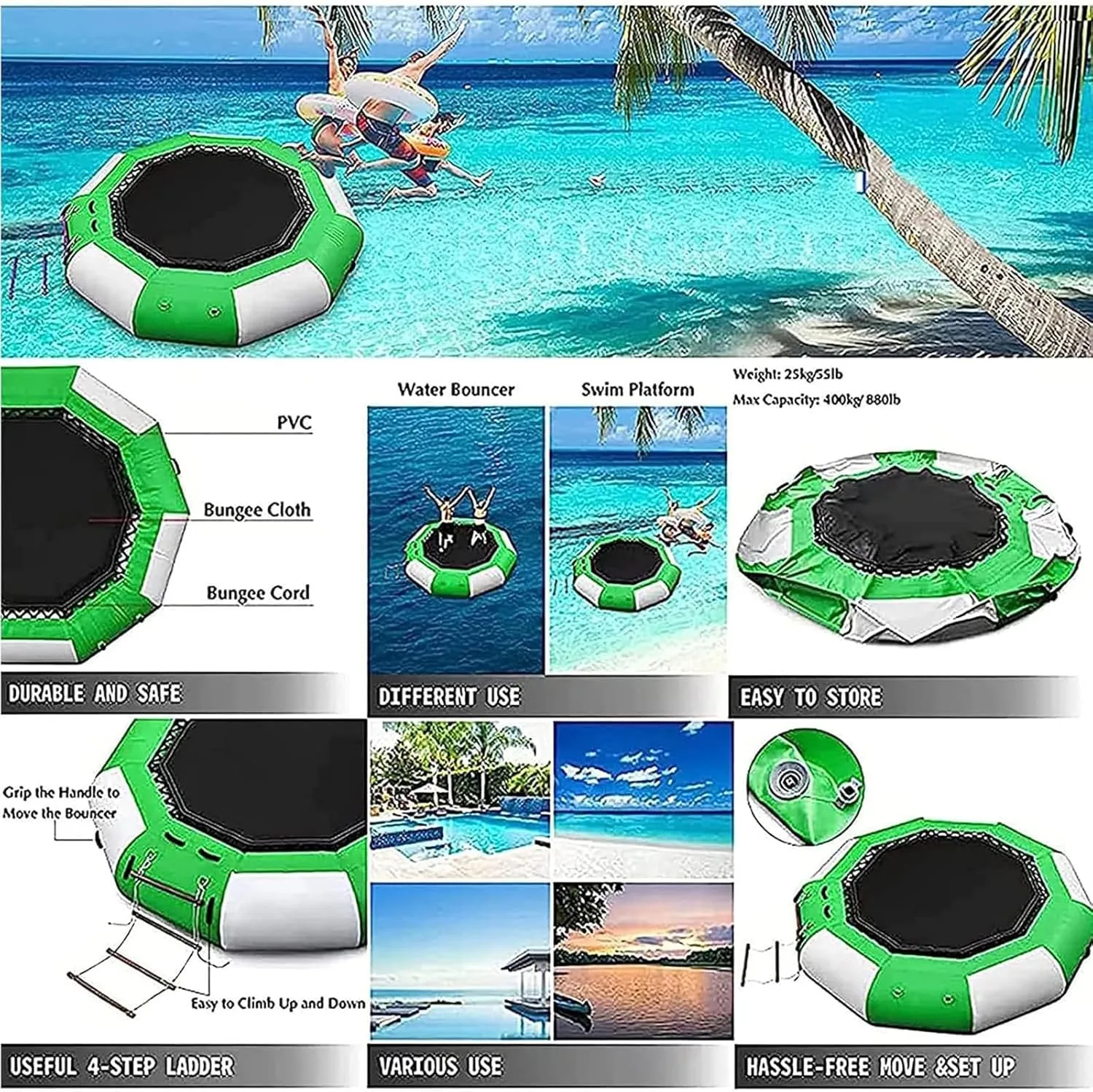 16FT,Inflatable Water Trampoline Floating Dock Water Platform Inflatable Raft Lake Water Trampoline, Water Inflatable Bouncing Trampoline, Water Trampoline with Slide