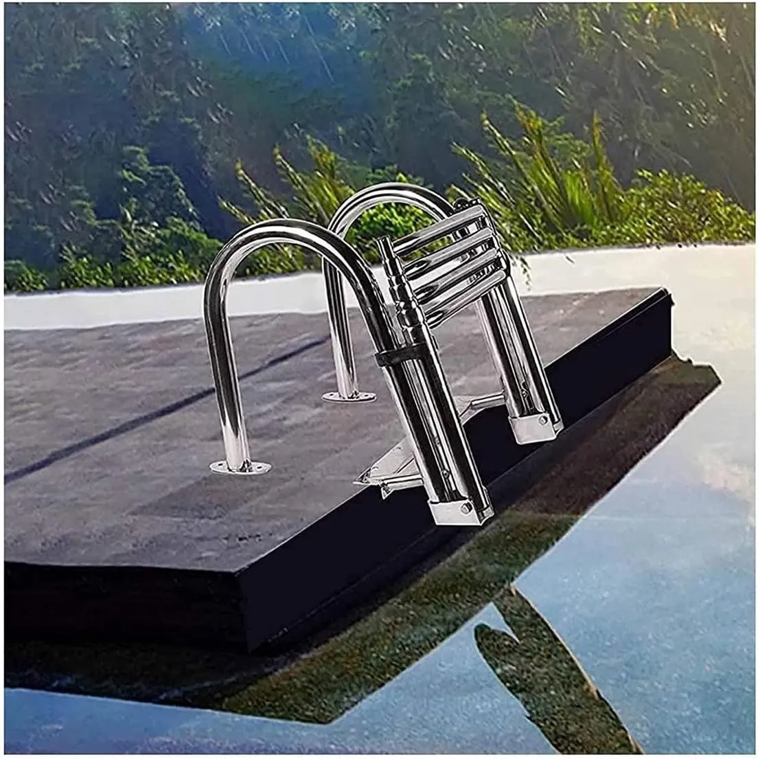 4 Step Pontoon Boat Ladder, Stainless Steel Folding Telescoping Rear Entry Inboard Ladder Heavy Duty Deck Ladder, for Marine Pontoon/Yacht/Swimming Pool