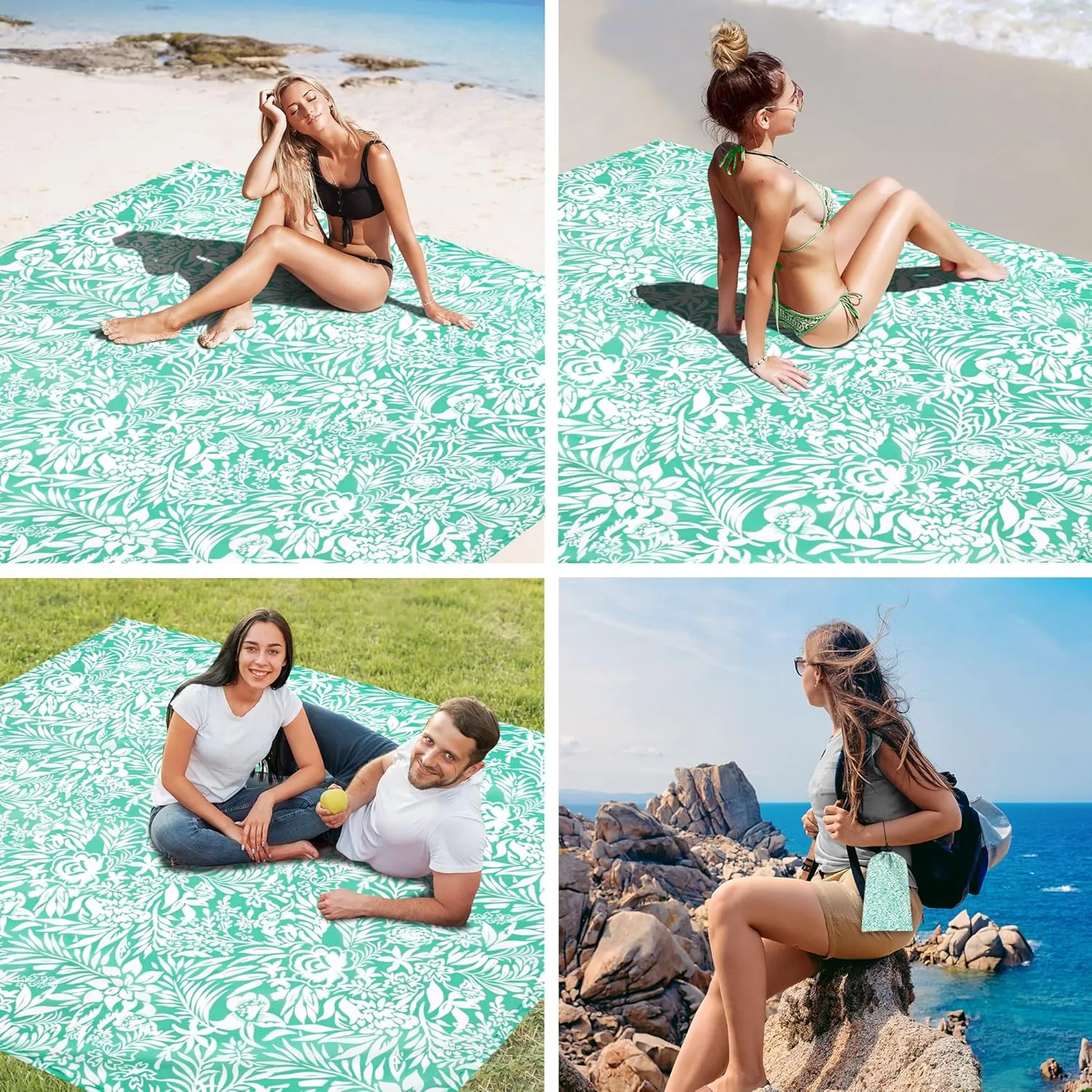 Beach Blanket, Waterproof Sandproof Beach Mat with 4 Stakes & 4 Pockets, 78''86'' Large Compact Lightweight Sand Free Outdoor Essentials for Beach, Picnic, Travel, Camping