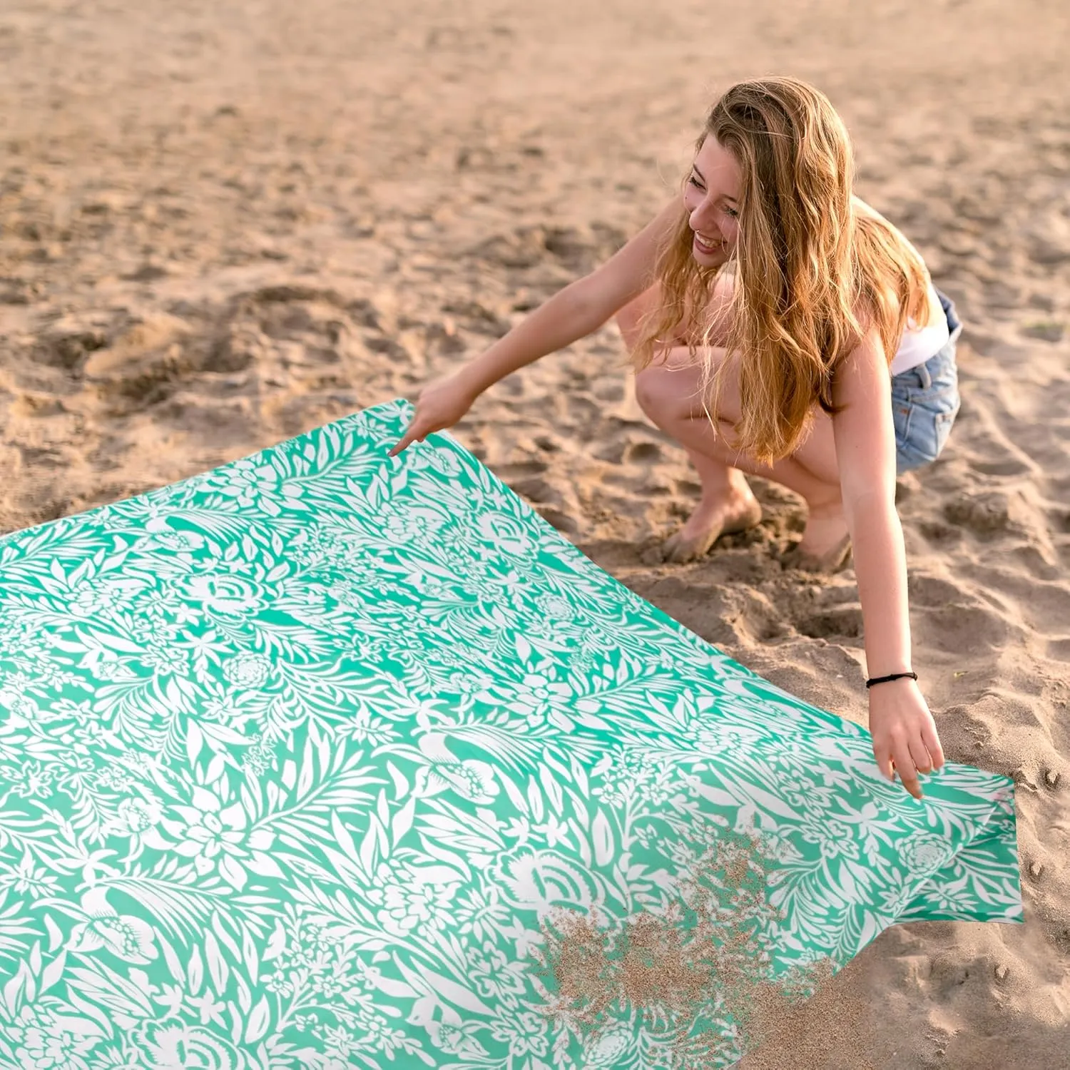 Beach Blanket, Waterproof Sandproof Beach Mat with 4 Stakes & 4 Pockets, 78''86'' Large Compact Lightweight Sand Free Outdoor Essentials for Beach, Picnic, Travel, Camping