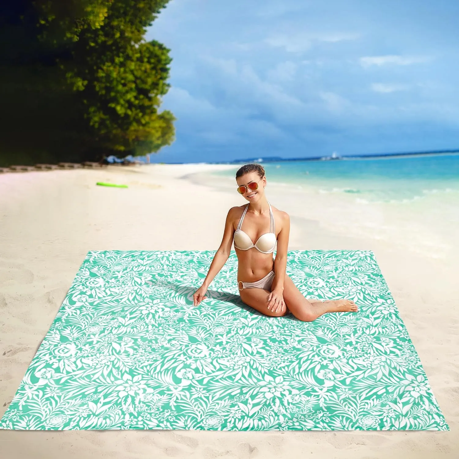 Beach Blanket, Waterproof Sandproof Beach Mat with 4 Stakes & 4 Pockets, 78''86'' Large Compact Lightweight Sand Free Outdoor Essentials for Beach, Picnic, Travel, Camping
