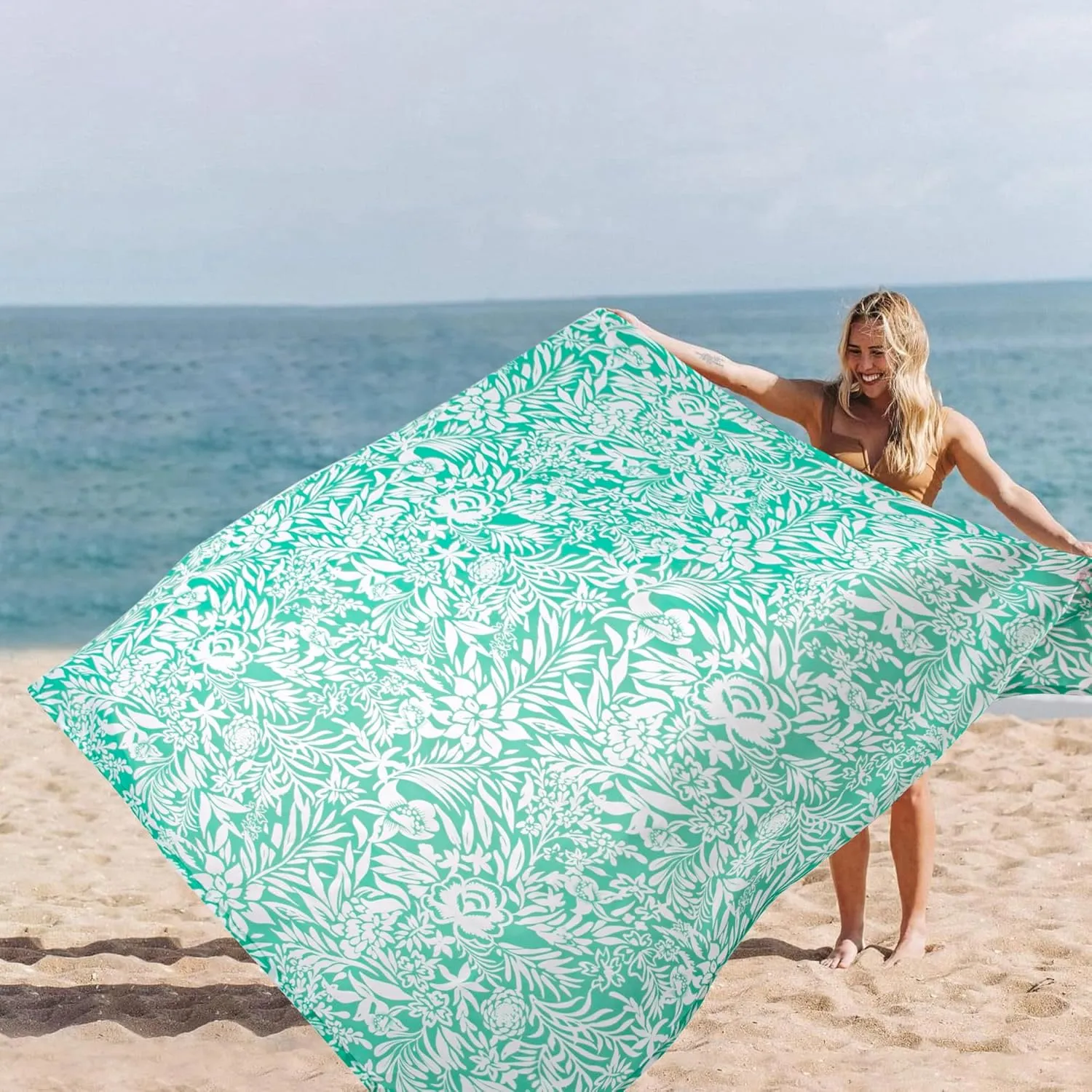 Beach Blanket, Waterproof Sandproof Beach Mat with 4 Stakes & 4 Pockets, 78''86'' Large Compact Lightweight Sand Free Outdoor Essentials for Beach, Picnic, Travel, Camping