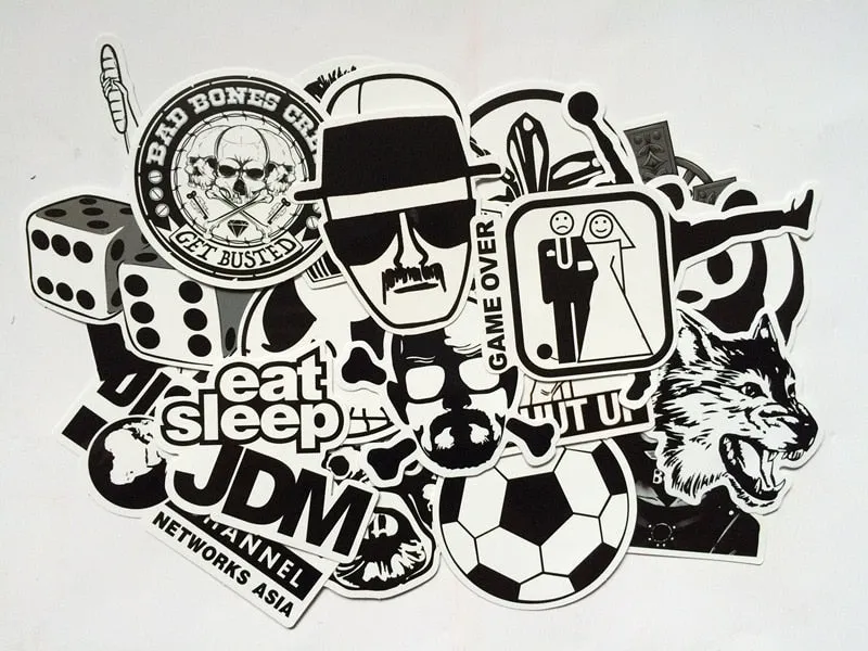 Black & White Snowboard Stickers Pack (60 Pieces)