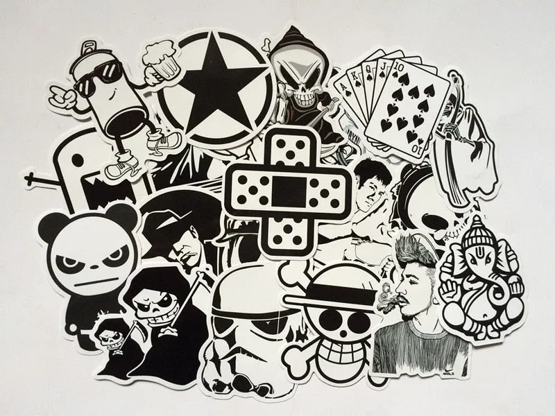 Black & White Snowboard Stickers Pack (60 Pieces)