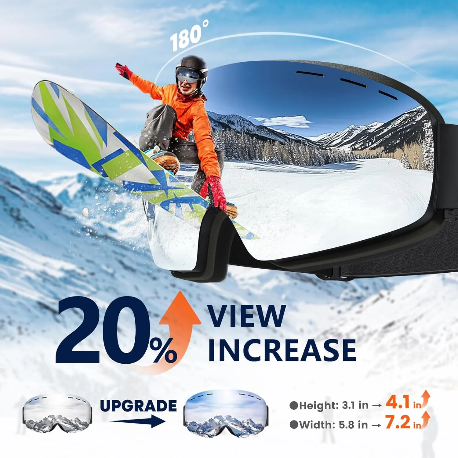 DADA-PRO Ski Goggles Men Women Snowboard Goggles Over Glasses OTG Anti Fog Snow Goggles Frameless, 100% UV Protection