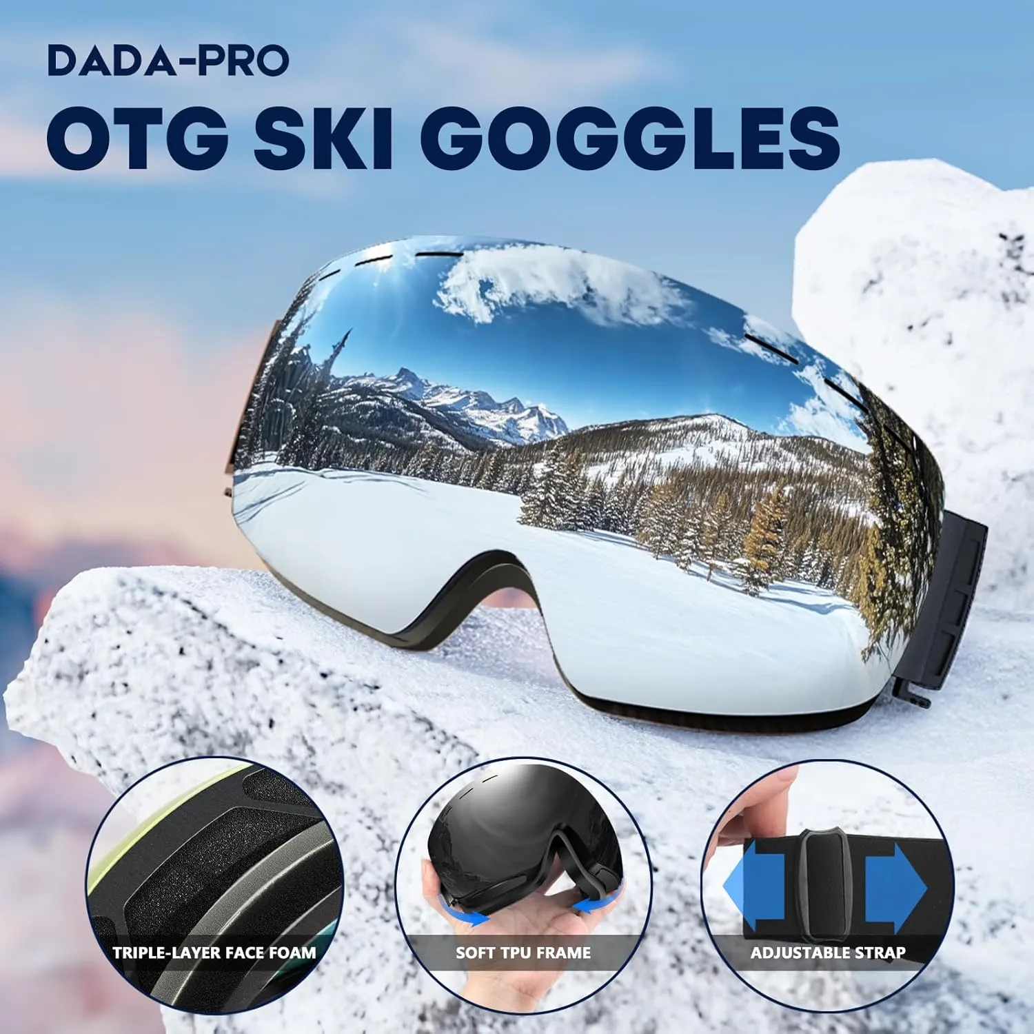 DADA-PRO Ski Goggles Men Women Snowboard Goggles Over Glasses OTG Anti Fog Snow Goggles Frameless, 100% UV Protection