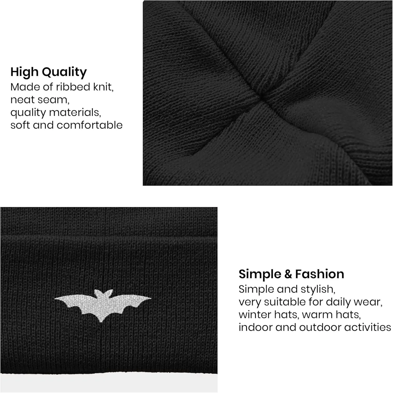 Embroidery Goth Beanie Knit Hats for Men & Women, Embroidery Winter Hats Skull Cap