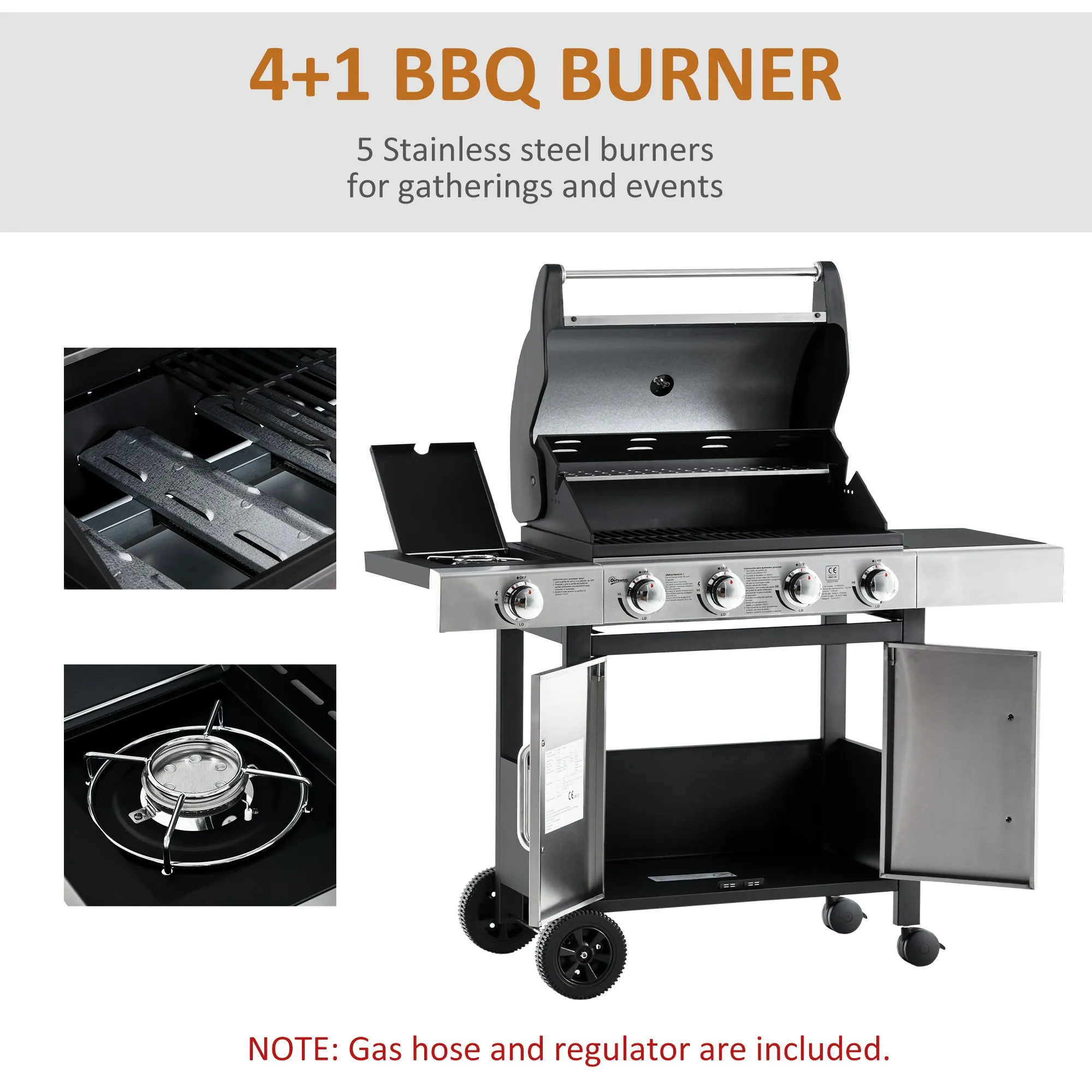 Gas Burner Barbecue Grill 4 1 Burner Garden BBQ Trolley w/ Side Burner Warming Rack Side Shelves Storage Cabinet Piezo Ignition Thermometer