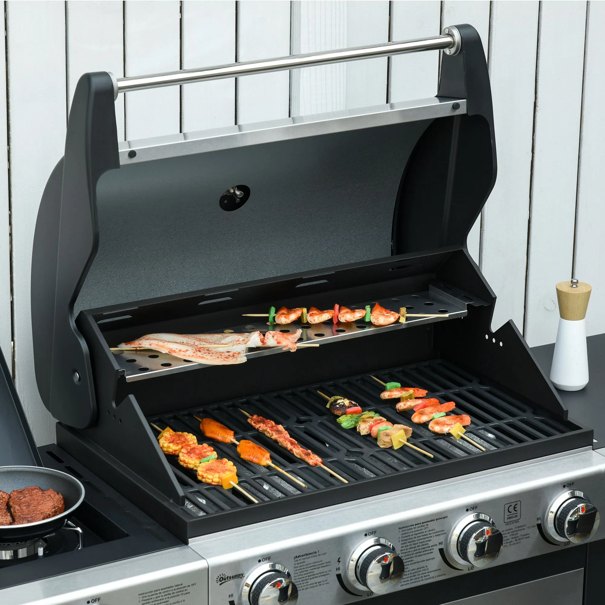 Gas Burner Barbecue Grill 4 1 Burner Garden BBQ Trolley w/ Side Burner Warming Rack Side Shelves Storage Cabinet Piezo Ignition Thermometer