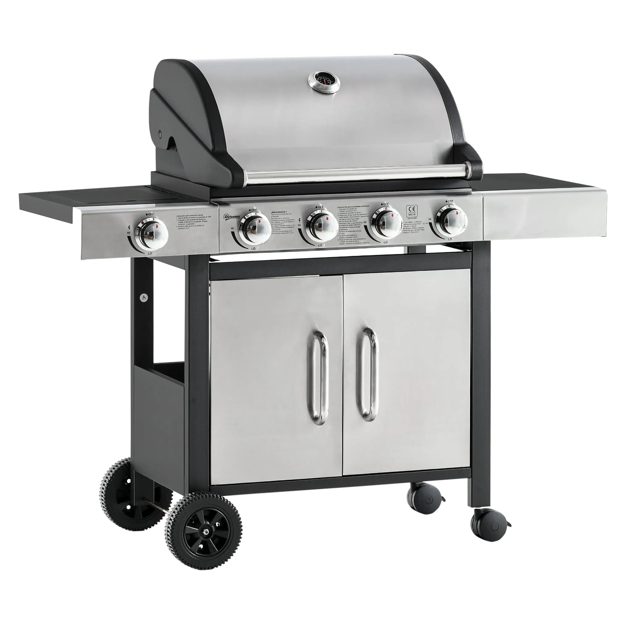 Gas Burner Barbecue Grill 4 1 Burner Garden BBQ Trolley w/ Side Burner Warming Rack Side Shelves Storage Cabinet Piezo Ignition Thermometer