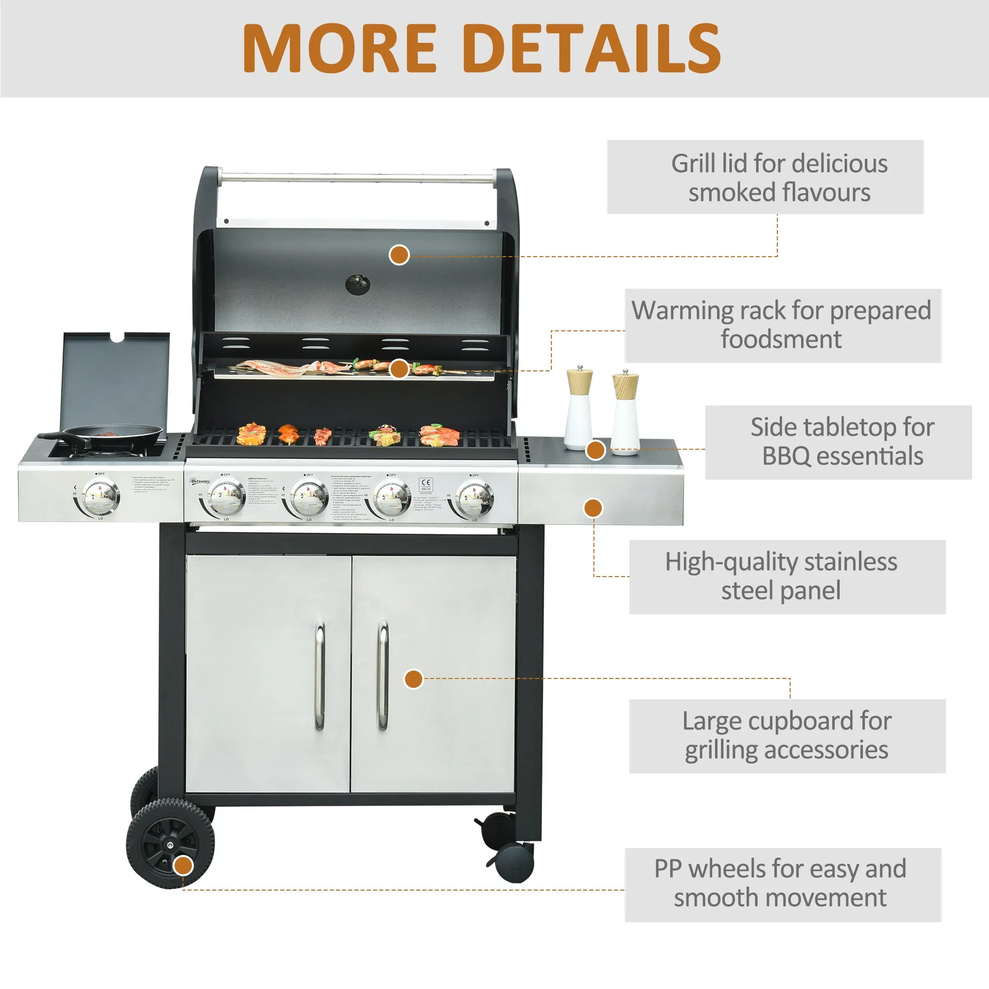Gas Burner Barbecue Grill 4 1 Burner Garden BBQ Trolley w/ Side Burner Warming Rack Side Shelves Storage Cabinet Piezo Ignition Thermometer