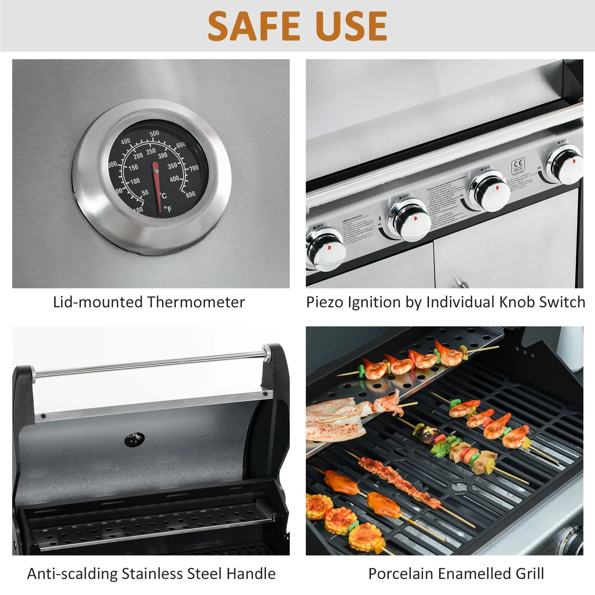 Gas Burner Barbecue Grill 4 1 Burner Garden BBQ Trolley w/ Side Burner Warming Rack Side Shelves Storage Cabinet Piezo Ignition Thermometer