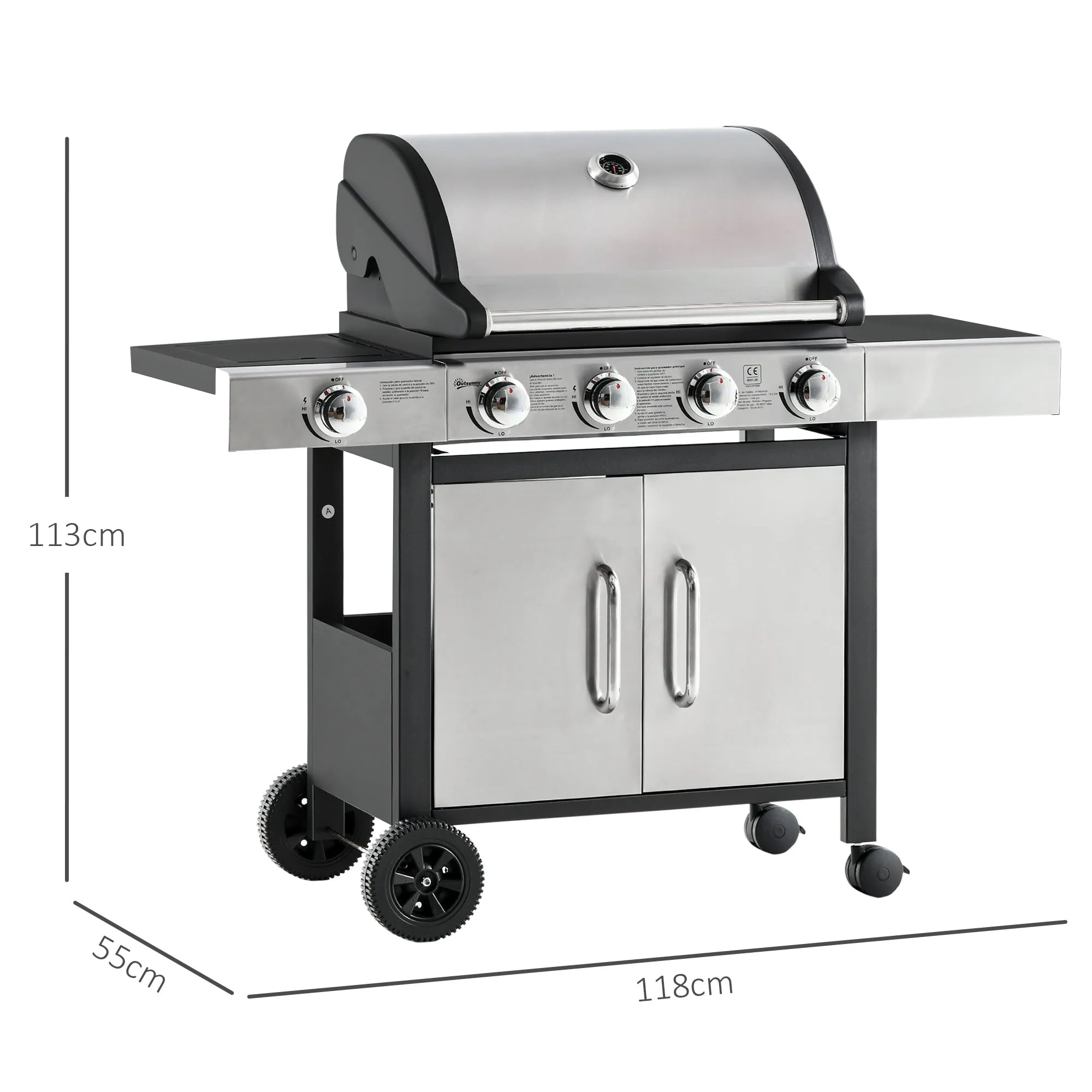 Gas Burner Barbecue Grill 4 1 Burner Garden BBQ Trolley w/ Side Burner Warming Rack Side Shelves Storage Cabinet Piezo Ignition Thermometer