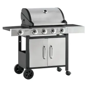 Gas Burner Barbecue Grill 4 1 Burner Garden BBQ Trolley w/ Side Burner Warming Rack Side Shelves Storage Cabinet Piezo Ignition Thermometer