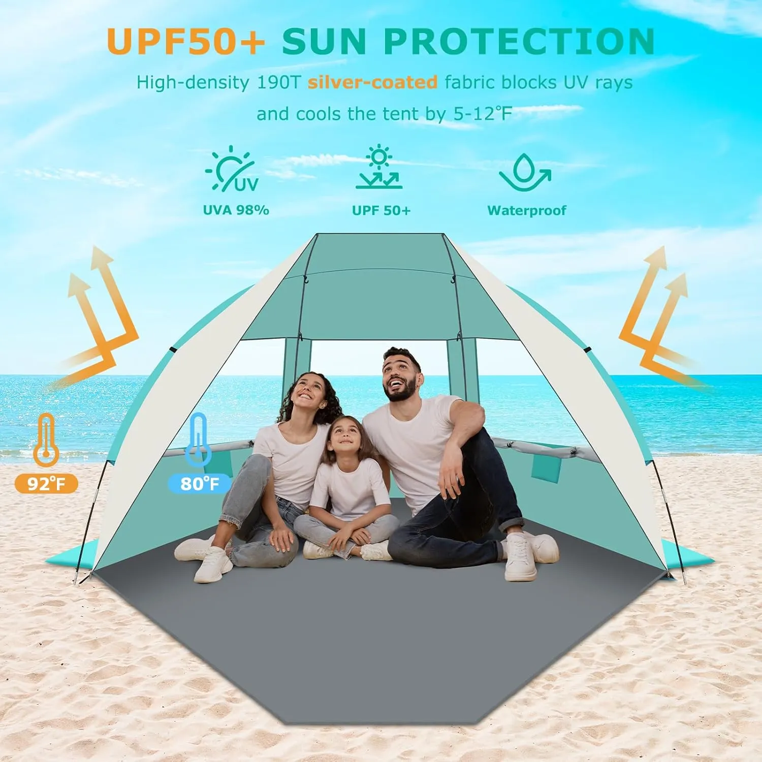 Gorich Portable Beach Tent for 3-7 Person with UPF 50  UV Protection, Lightweight & Foldable Sun Shelter with 5 Sand Bags, Easy Setup Windproof Beach Umbrella Sun Shade