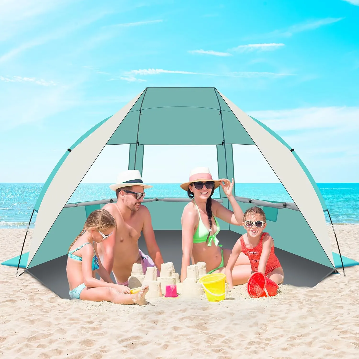 Gorich Portable Beach Tent for 3-7 Person with UPF 50  UV Protection, Lightweight & Foldable Sun Shelter with 5 Sand Bags, Easy Setup Windproof Beach Umbrella Sun Shade