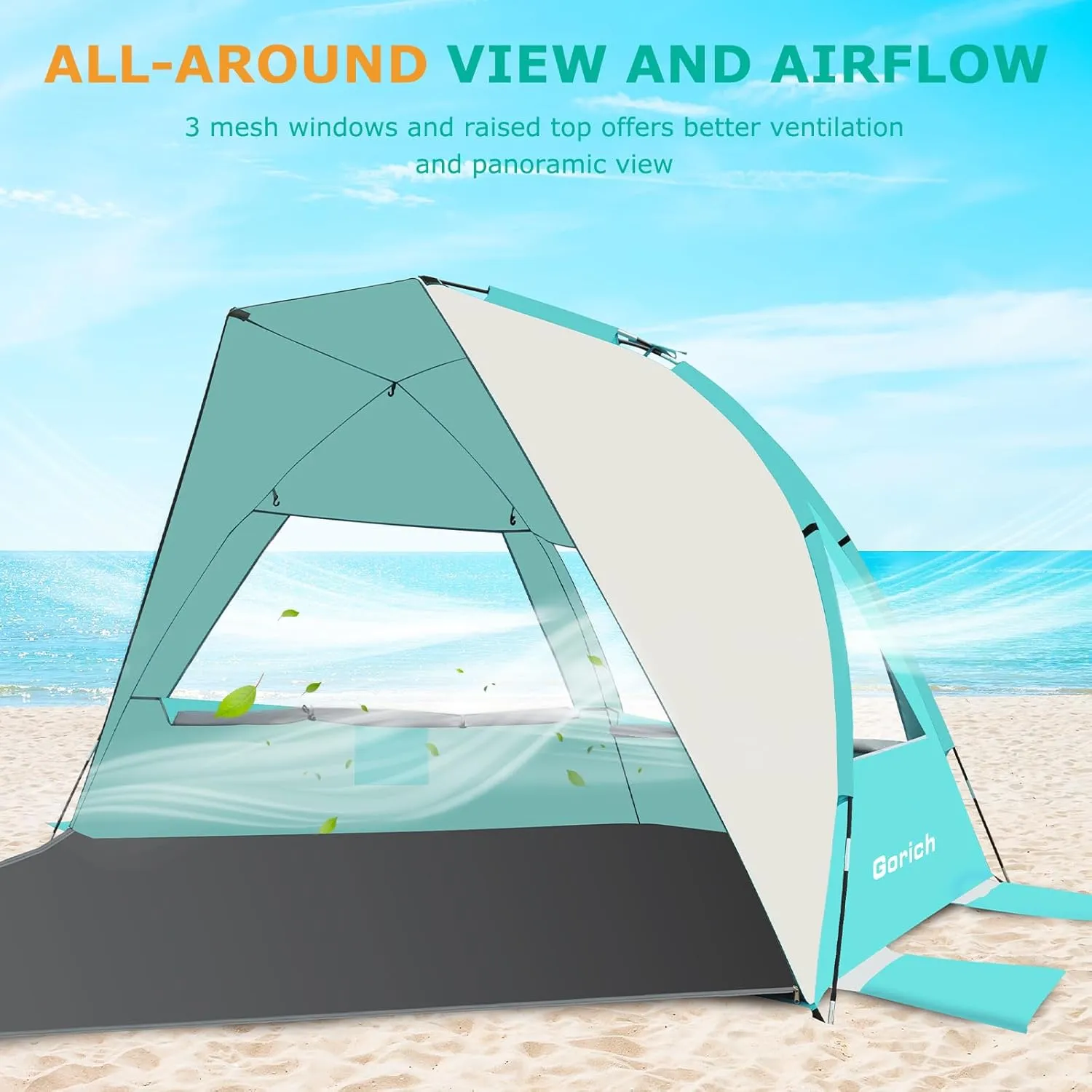 Gorich Portable Beach Tent for 3-7 Person with UPF 50  UV Protection, Lightweight & Foldable Sun Shelter with 5 Sand Bags, Easy Setup Windproof Beach Umbrella Sun Shade