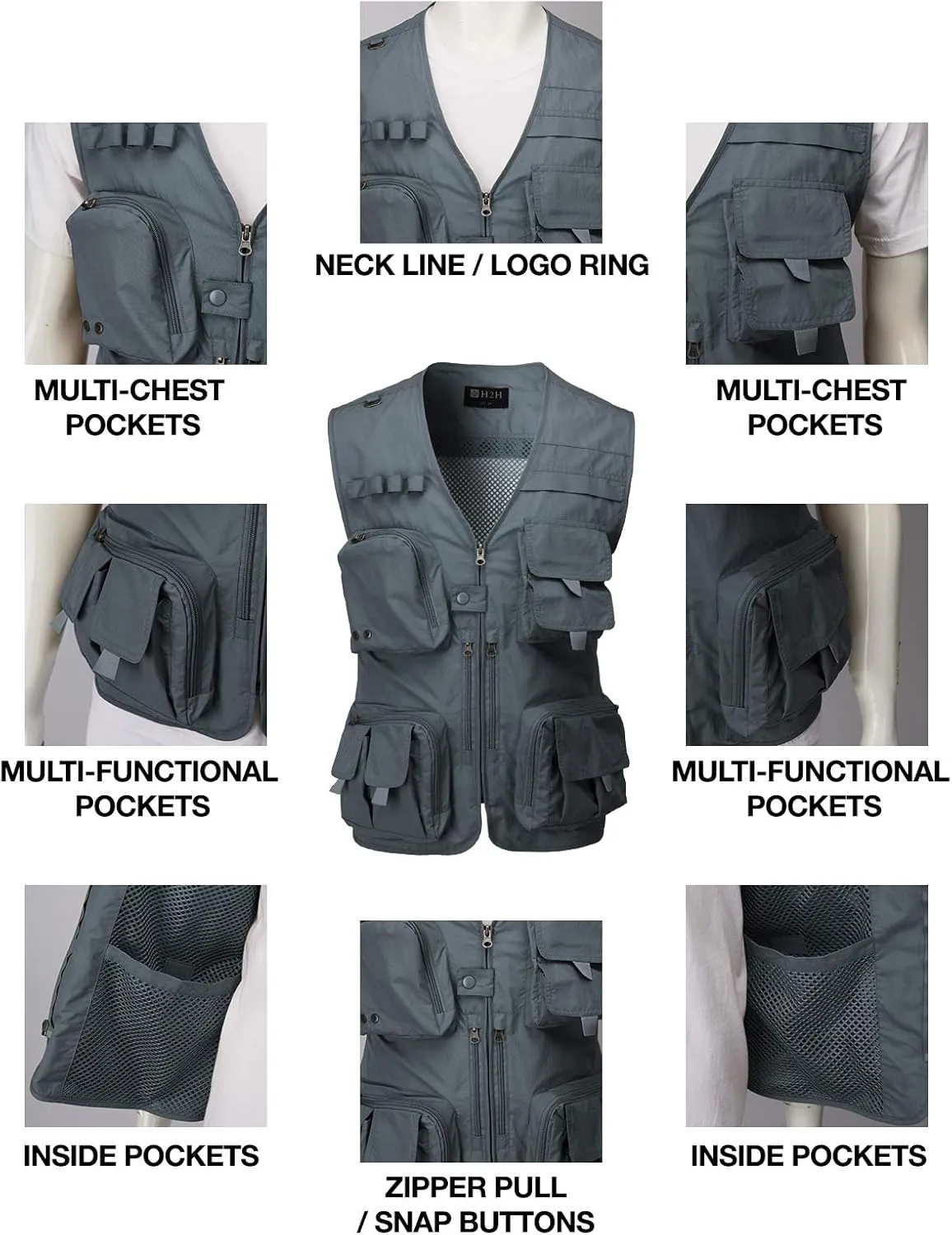 H2H Men's Active Wear Outdoor Vests Work Safari Fishing Travel Utility Summer Vest