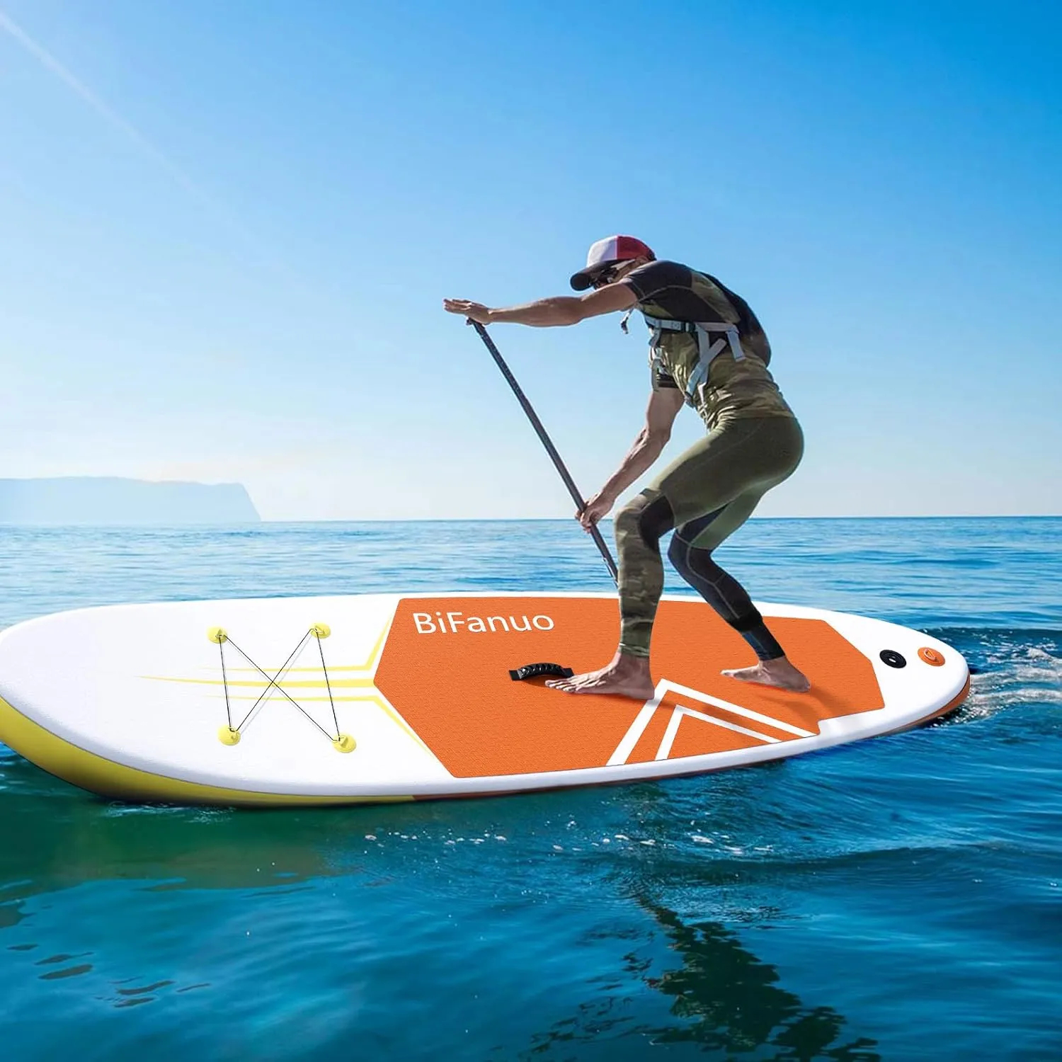 Inflatable Stand Up Paddle Board with SUP Accessories & Backpack. Paddle Boards for Adults. Non-Slip Deck, Wide Stance, Bottom Fin, Double Action Pump.