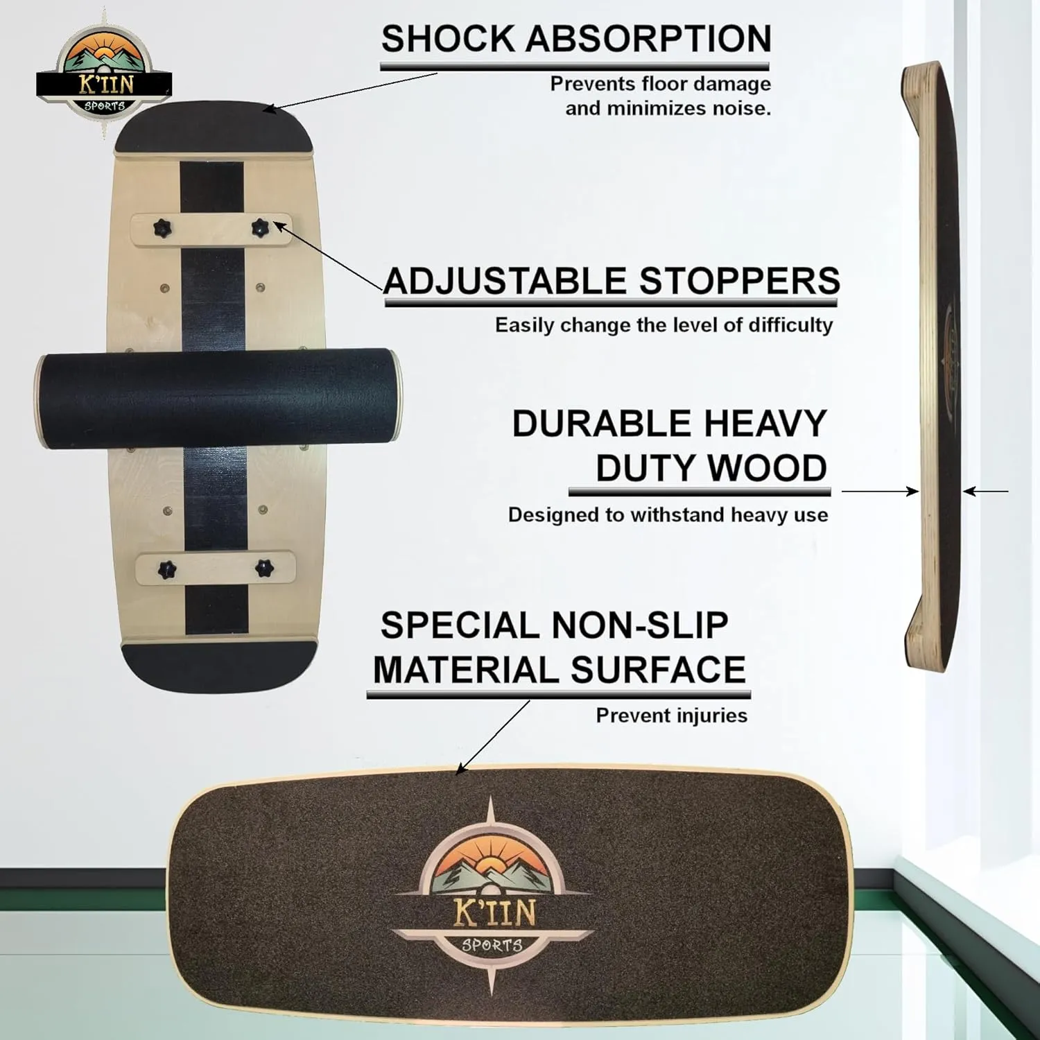 Kiin Balance Board Trainer, adjustable stoppers  Indo Board, Balancing Board for Surfing, Core Training, Wobble Board for Skateboarding, Surfing, Skating, Yoga and Fitness.