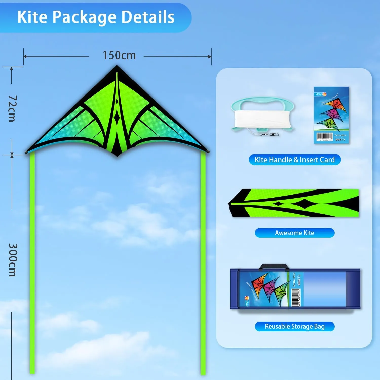 Large Delta Kite for Kids & Adults - Easy to Fly Outdoor Kites for Kids Ages 8-10, Perfect for Beach & Family Activities, Includes Line & Handle