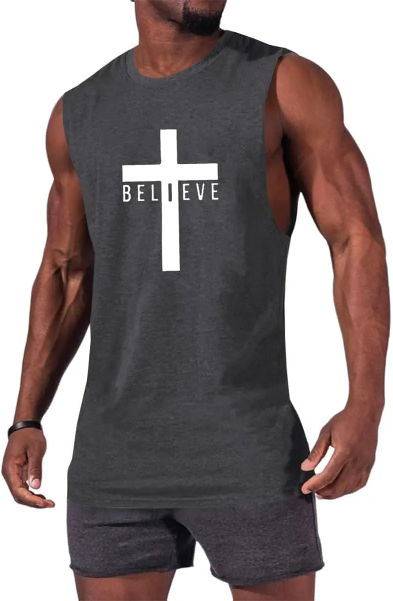 Men's Cotton Graphic Tank Tops Jesus Cross Believe Printed Faith Christian Shirts
