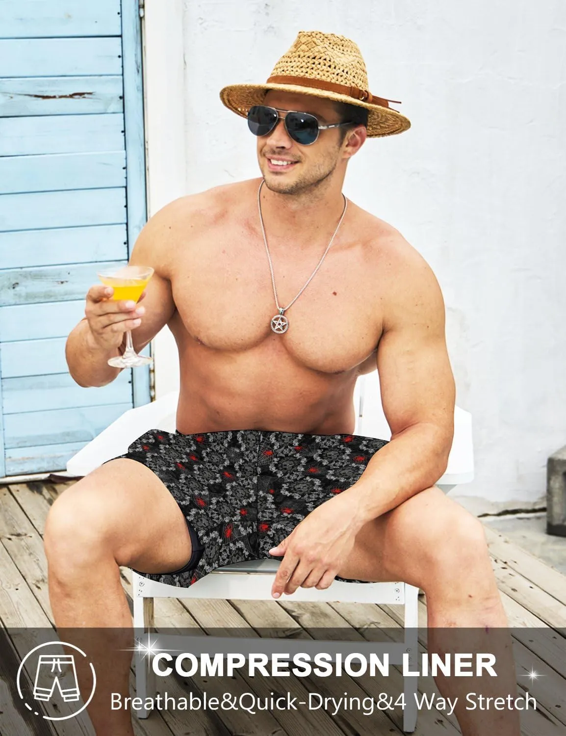Men's Swim Trunk Retro 80s 90s Board Shorts with Mesh Lining Quick Dry Summer Swim Shorts