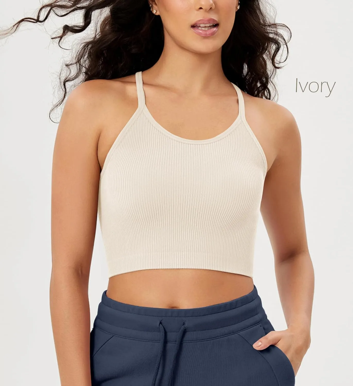 ODODOS Women's Crop 3-Pack Seamless Rib-Knit Camisole Crop Tank Tops