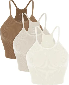 ODODOS Women's Crop 3-Pack Seamless Rib-Knit Camisole Crop Tank Tops