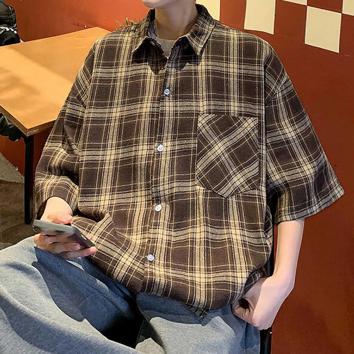Plaid Shirts for Men Short Sleeve Button Down Country Casual Checkered Gingham Shirts with Pocket