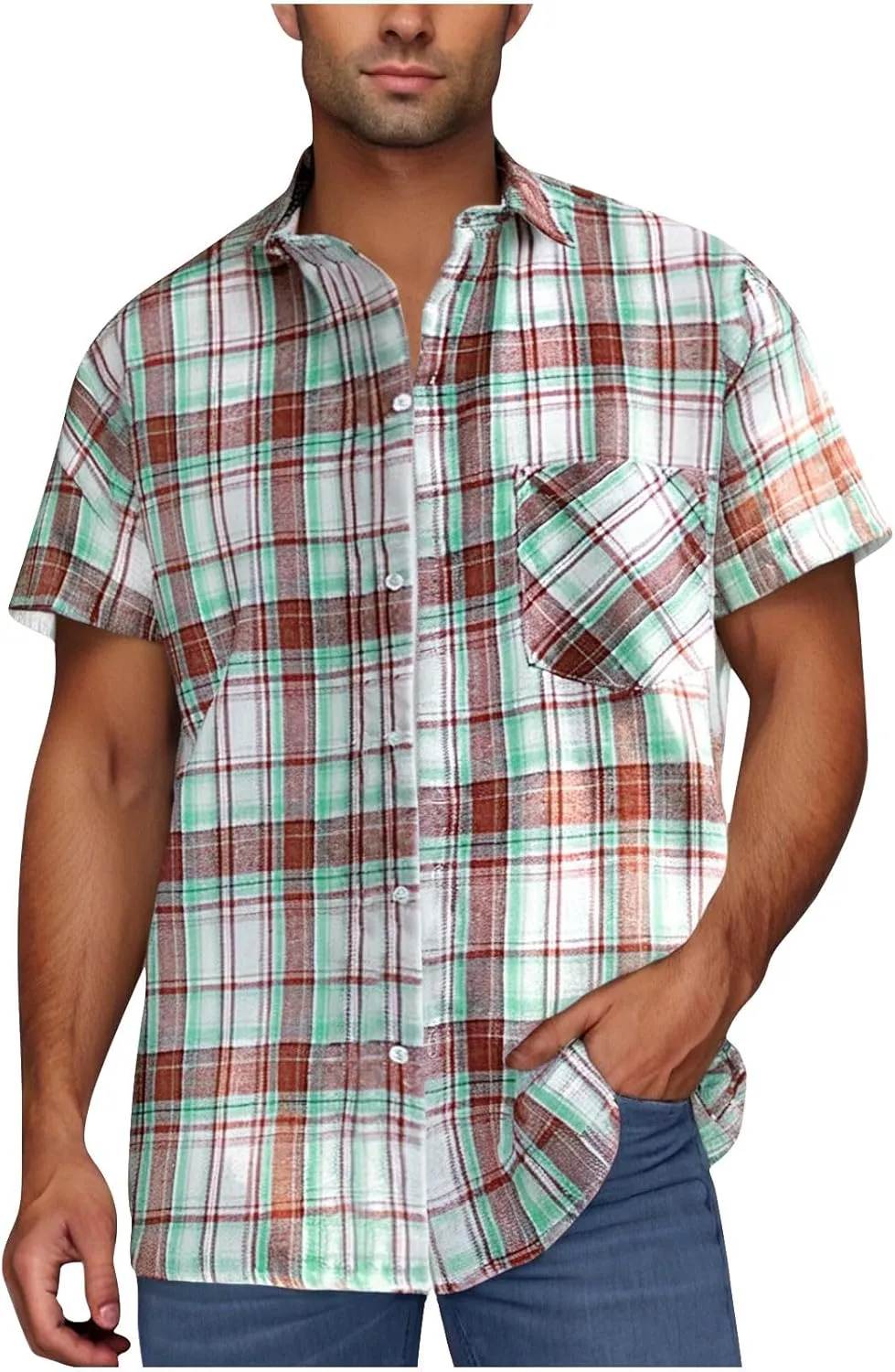 Plaid Shirts for Men Short Sleeve Button Down Country Casual Checkered Gingham Shirts with Pocket