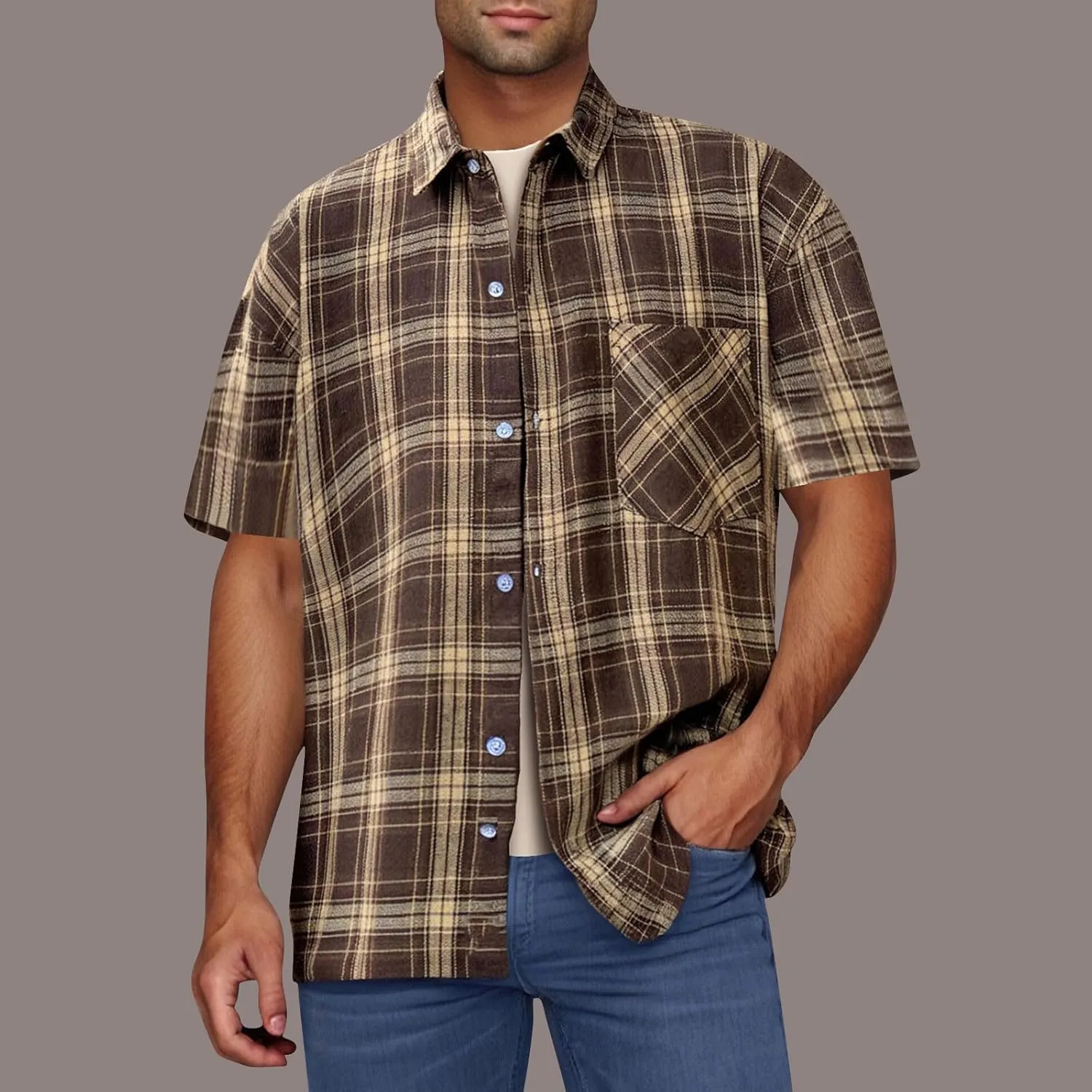 Plaid Shirts for Men Short Sleeve Button Down Country Casual Checkered Gingham Shirts with Pocket