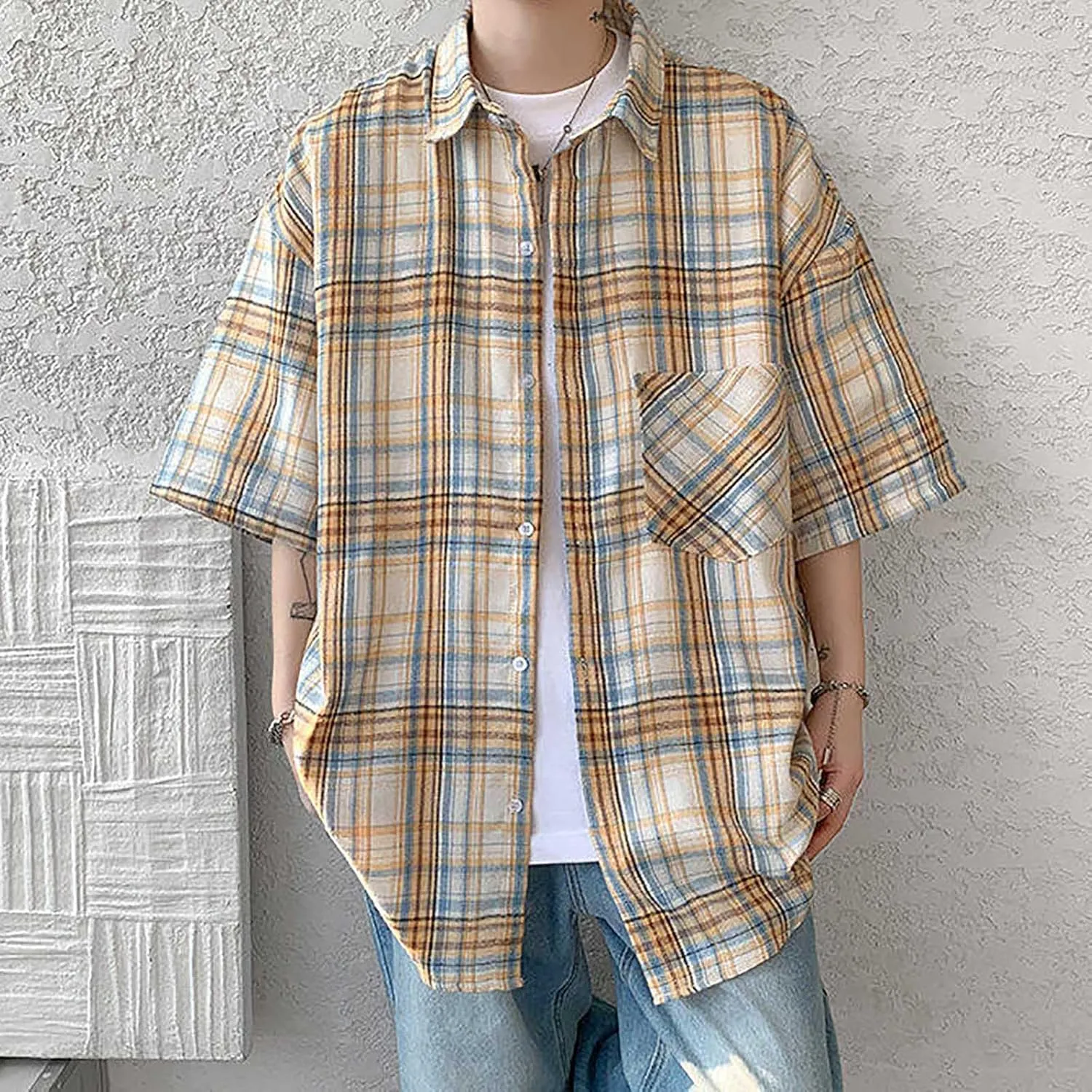 Plaid Shirts for Men Short Sleeve Button Down Country Casual Checkered Gingham Shirts with Pocket