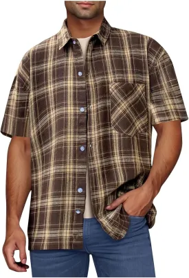 Plaid Shirts for Men Short Sleeve Button Down Country Casual Checkered Gingham Shirts with Pocket