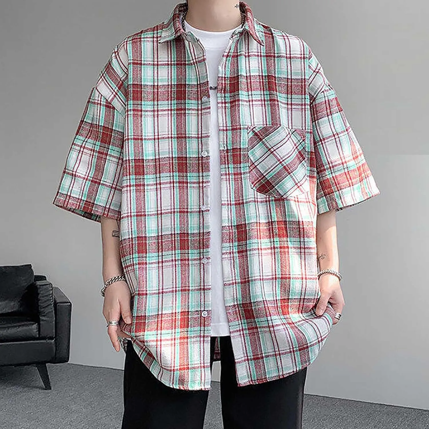 Plaid Shirts for Men Short Sleeve Button Down Country Casual Checkered Gingham Shirts with Pocket