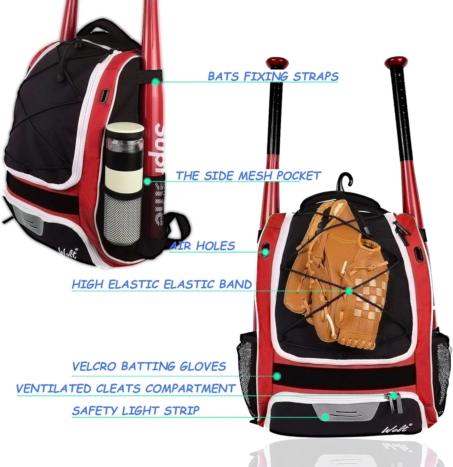 WOLT Youth Baseball Bag - Bat Backpack for Baseball, T-Ball & Softball Equipment & Gear, Bat & Glove Holder, Large Main Compartment for Helmet & accessories, Separate Shoes Compartment, Fence Hook