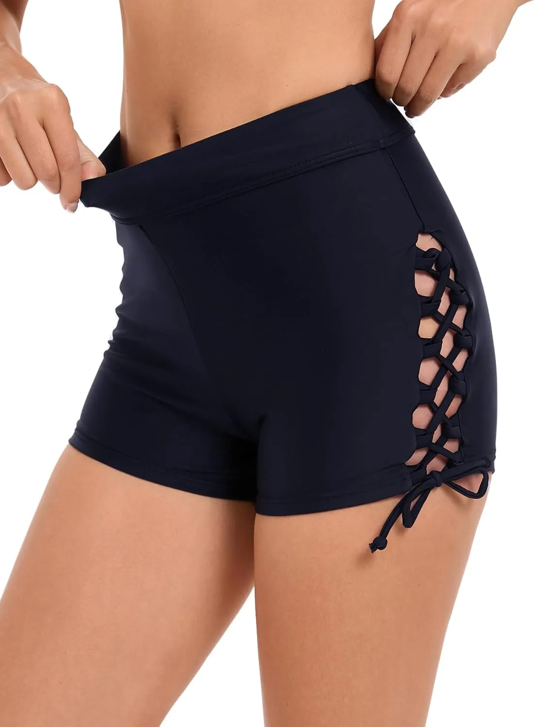 Women High Waisted Swim Shorts Tie Adjustable Bathing Suit Bottoms Tankini Swimsuit Bikini Board Shorts