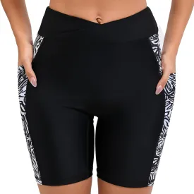 Women's 7" Plus Size Cross High Waisted Board Shorts with Side Pockets Boyshorts Swimsuit Bottoms