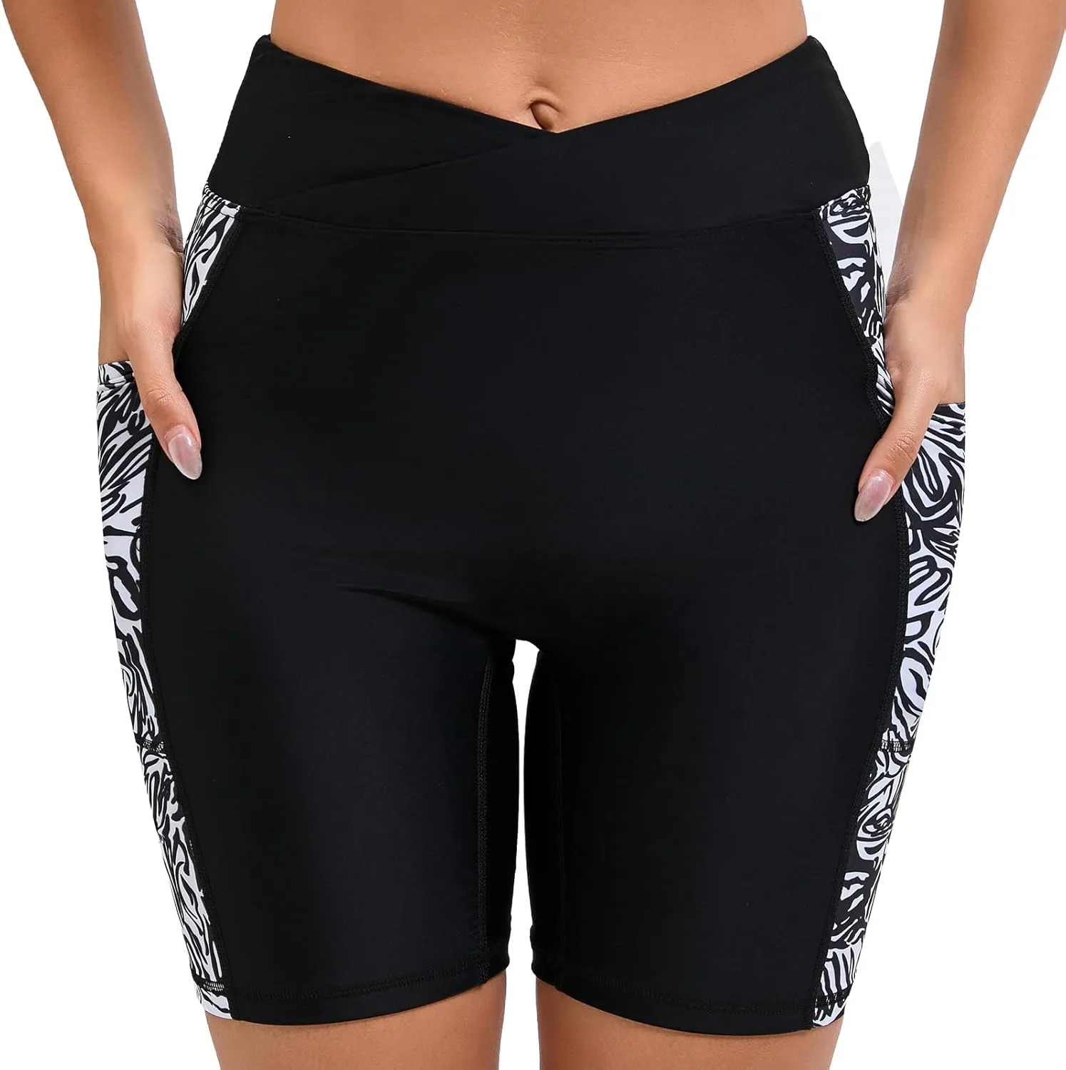 Women's 7" Plus Size Cross High Waisted Board Shorts with Side Pockets Boyshorts Swimsuit Bottoms