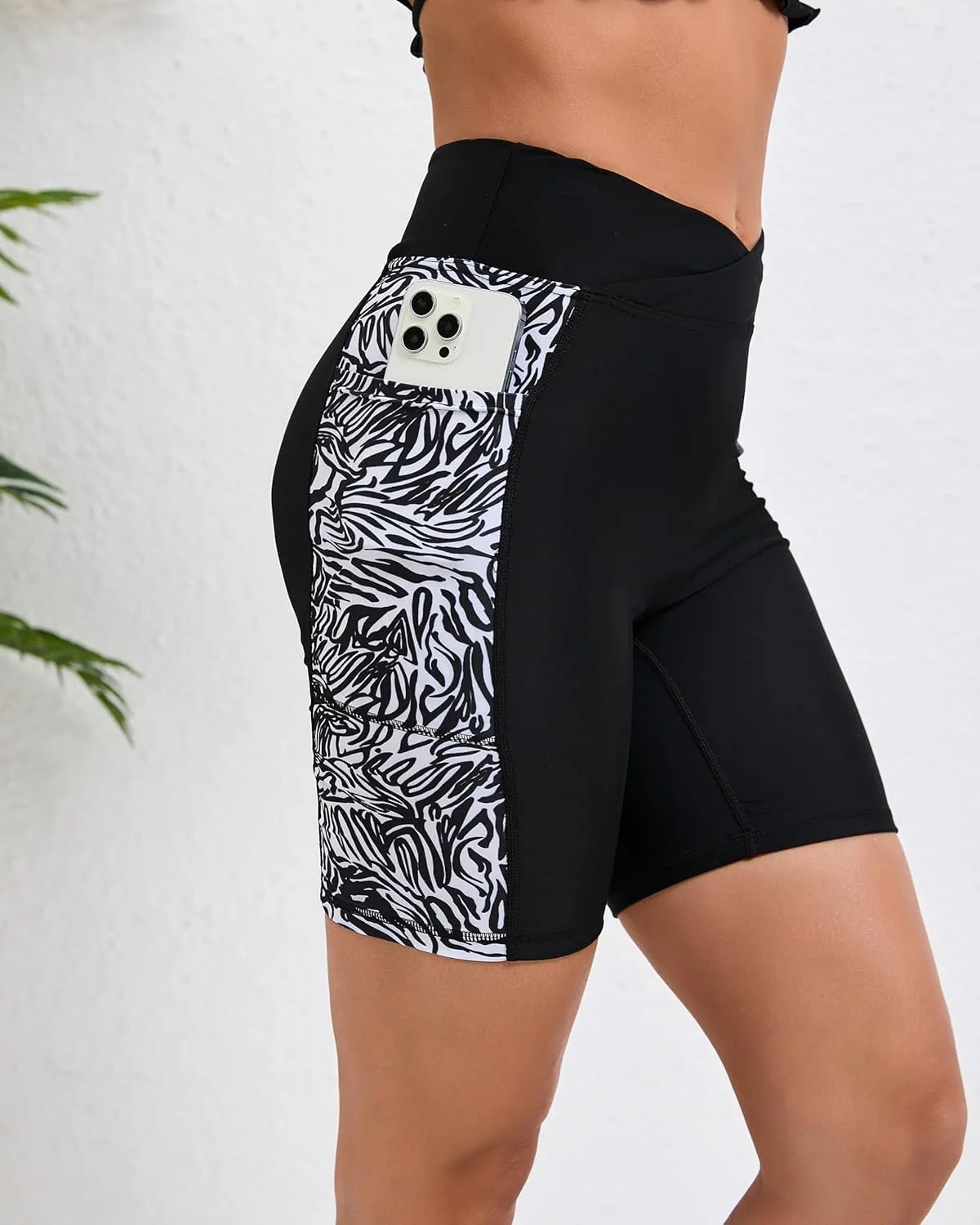 Women's 7" Plus Size Cross High Waisted Board Shorts with Side Pockets Boyshorts Swimsuit Bottoms