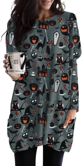 Womens Halloween Crewneck Sweatshirts Pumpkin Long Sleeve Pullover Tops Vintage Oversized Shirt Blouse Clothes