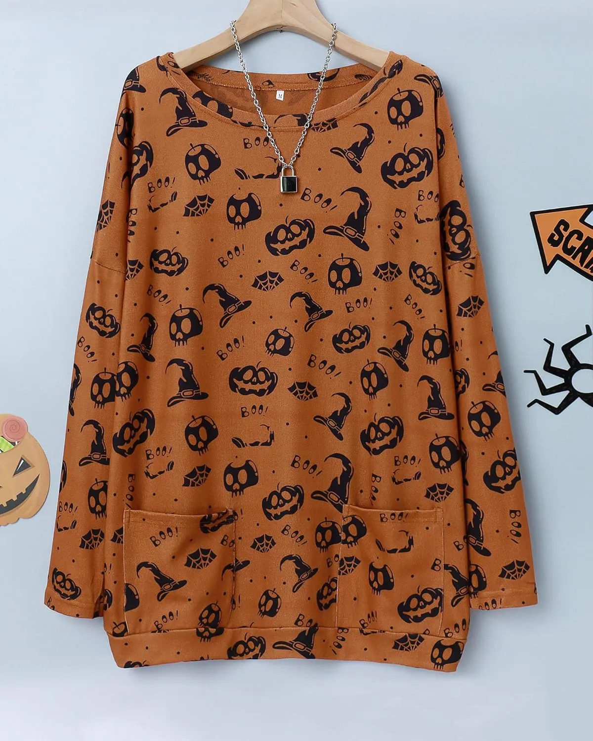 Womens Halloween Crewneck Sweatshirts Pumpkin Long Sleeve Pullover Tops Vintage Oversized Shirt Blouse Clothes