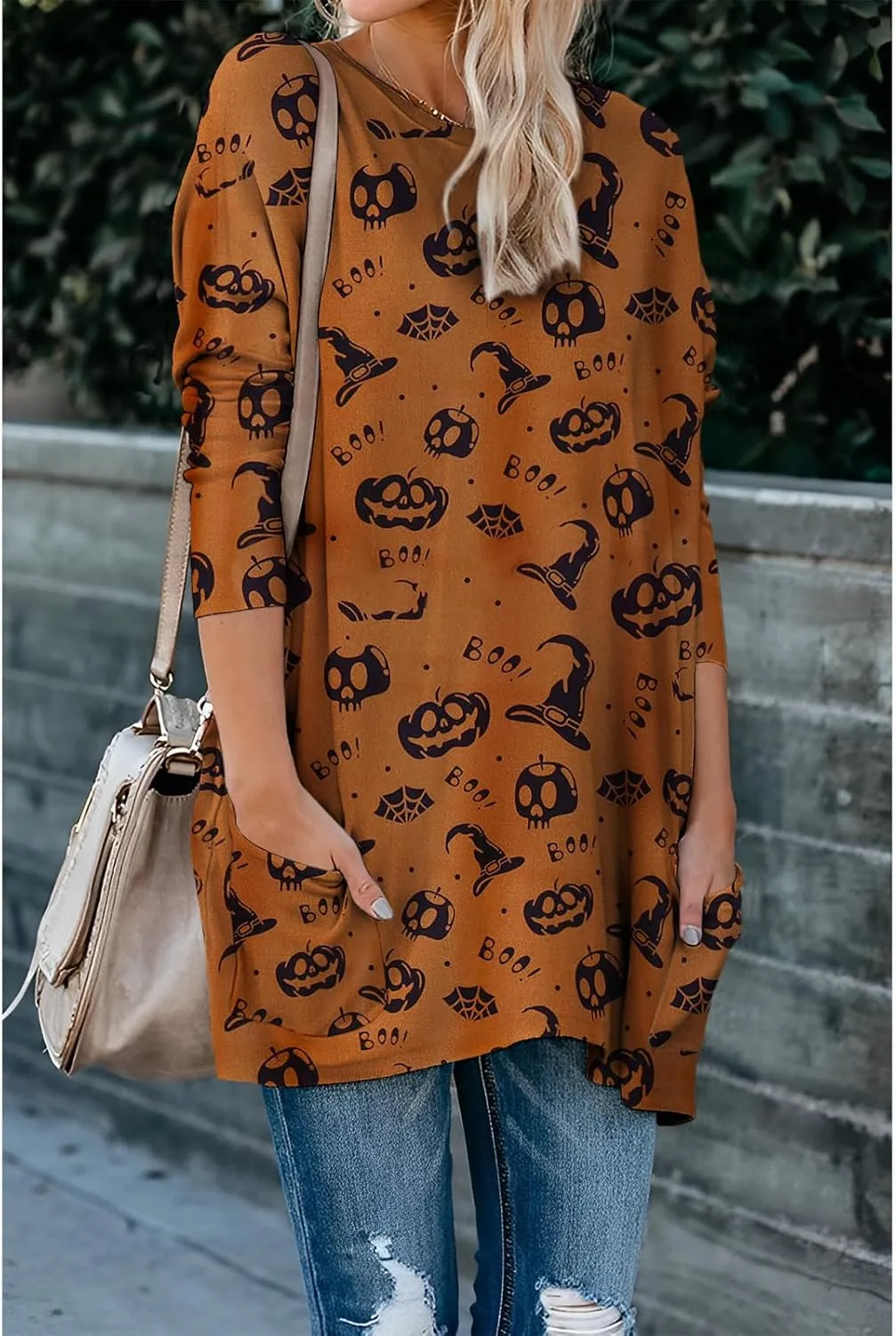 Womens Halloween Crewneck Sweatshirts Pumpkin Long Sleeve Pullover Tops Vintage Oversized Shirt Blouse Clothes