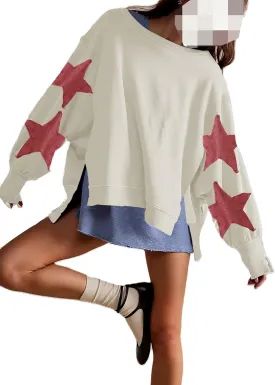 Womens Oversized Crewneck Sweatshirt Y2k Striped Star Long Sleeve Side Slit Pullover Sweatshirt Teen Girl Aesthetic