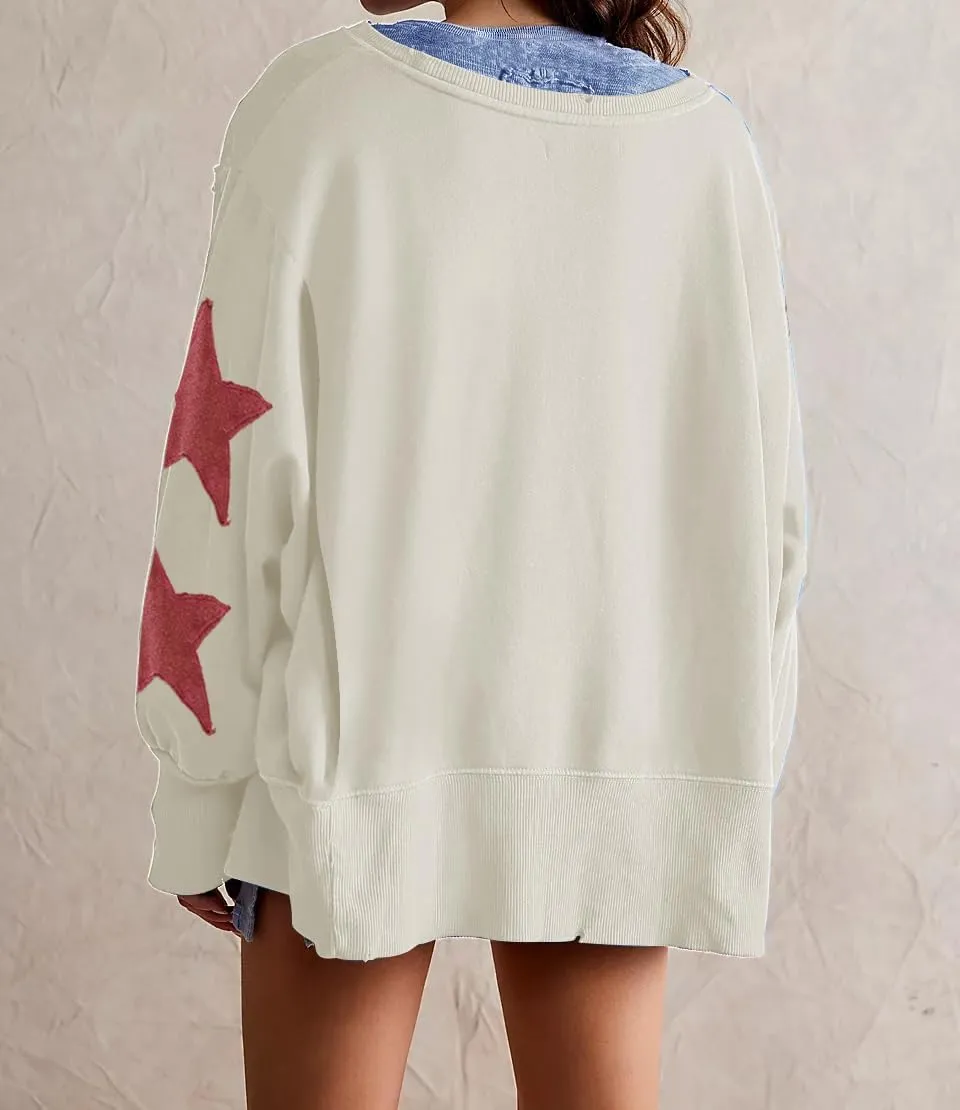 Womens Oversized Crewneck Sweatshirt Y2k Striped Star Long Sleeve Side Slit Pullover Sweatshirt Teen Girl Aesthetic