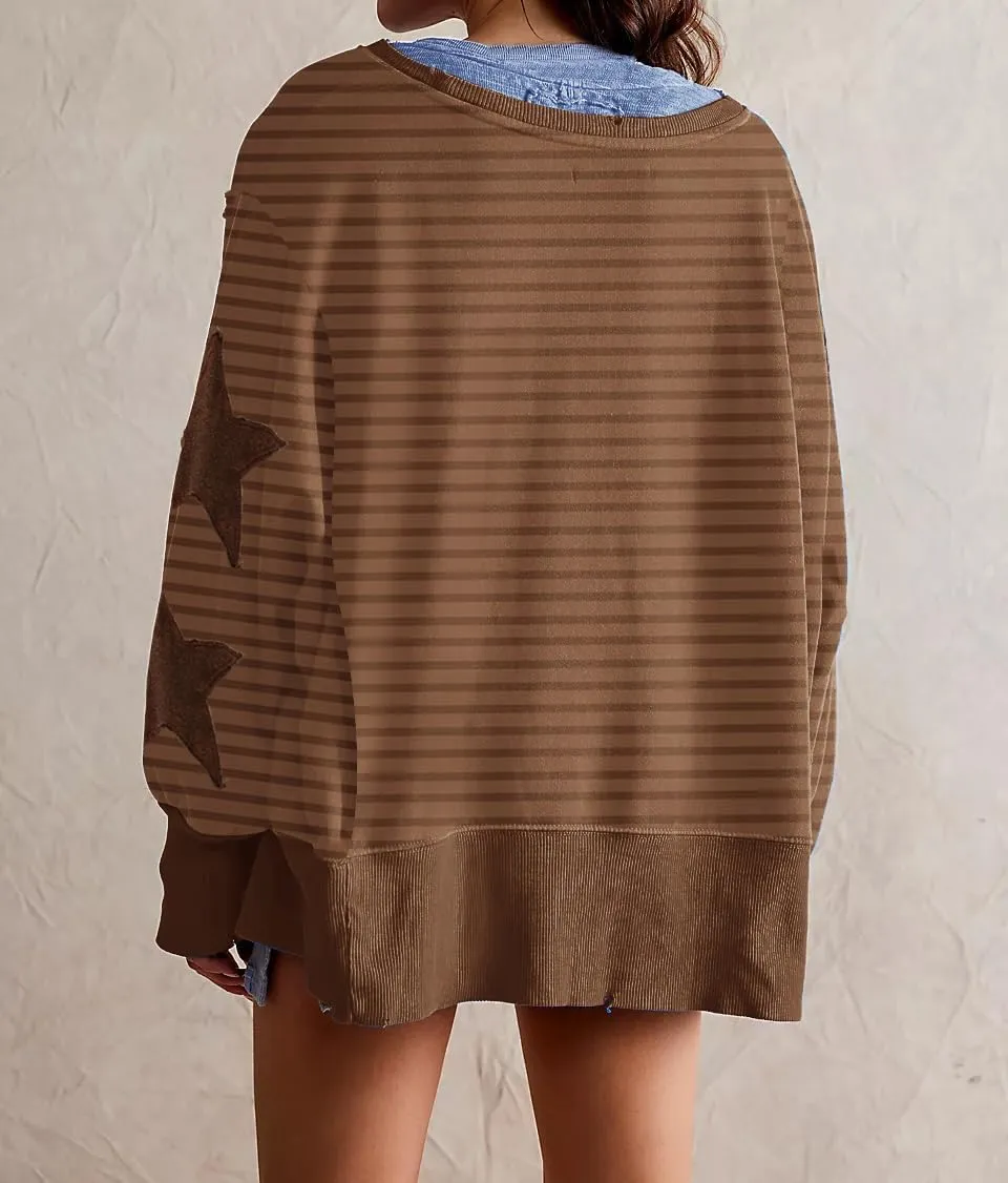 Womens Oversized Crewneck Sweatshirt Y2k Striped Star Long Sleeve Side Slit Pullover Sweatshirt Teen Girl Aesthetic