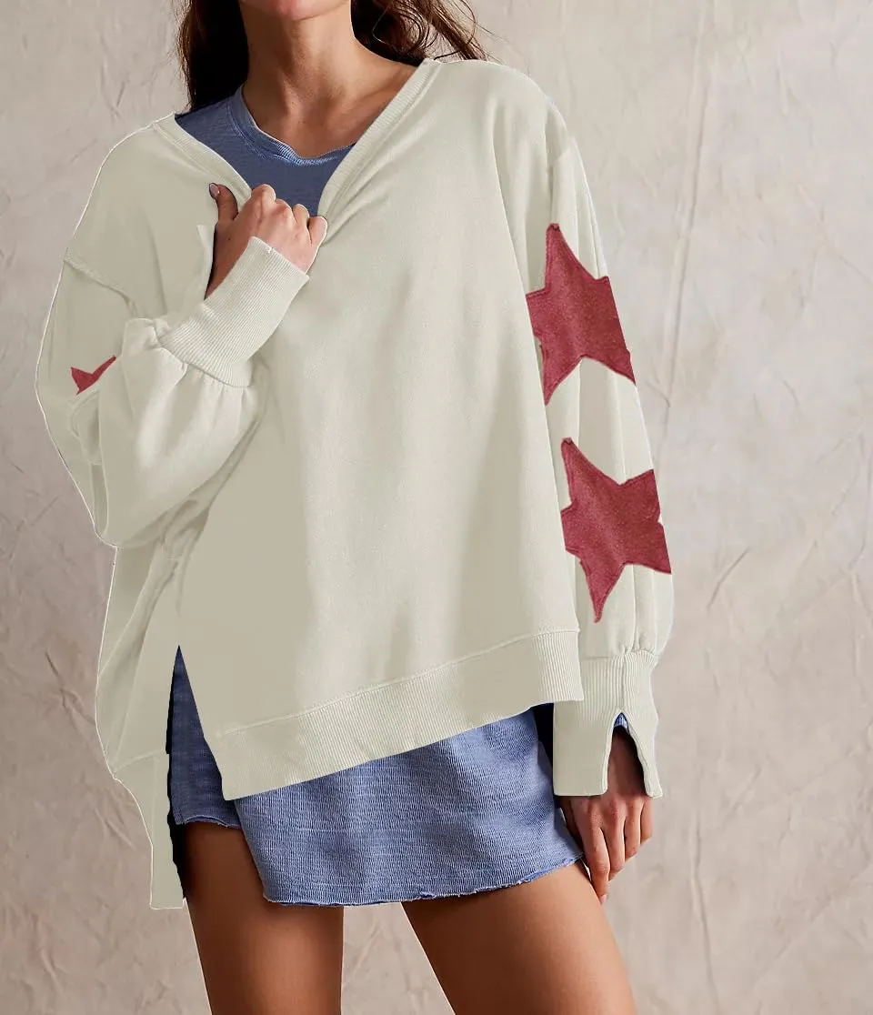 Womens Oversized Crewneck Sweatshirt Y2k Striped Star Long Sleeve Side Slit Pullover Sweatshirt Teen Girl Aesthetic