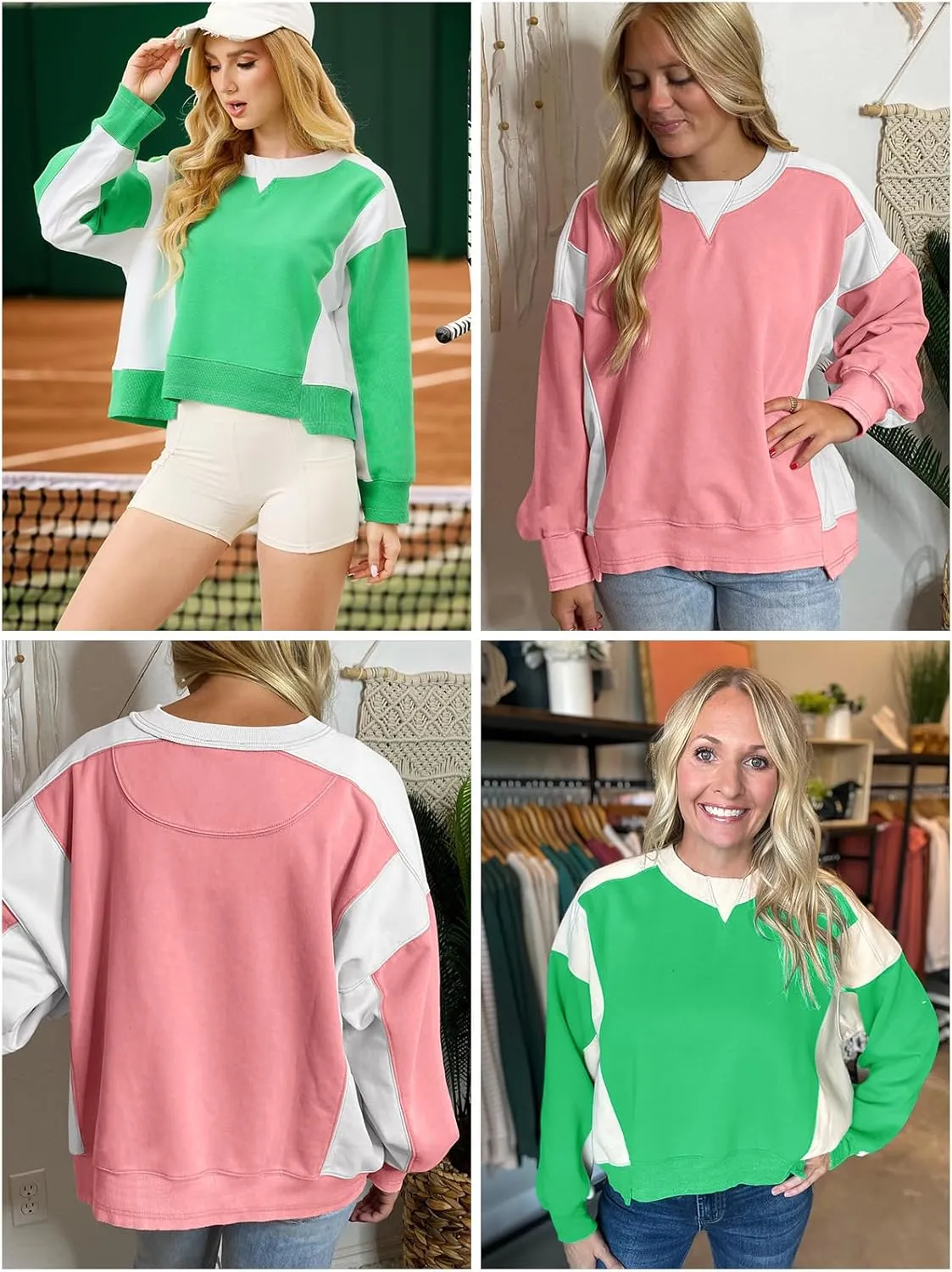 Womens Oversized Cropped Sweatshirts Color Block Crewneck Casual Long Sleeve Pullover Loose Fit Shirt Trendy Top